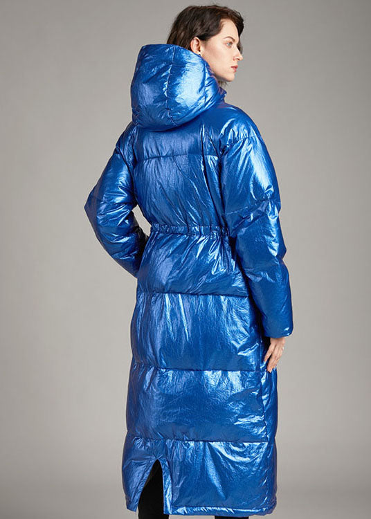 Blue Hooded Pockets Long Winter Duck Down Coat