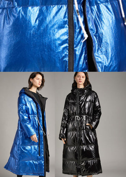 Blue Hooded Pockets Long Winter Duck Down Coat