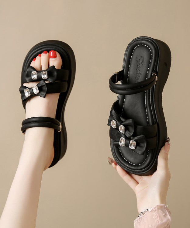 Bow Zircon Splicing Platform Black Faux Leather Slide Sandals