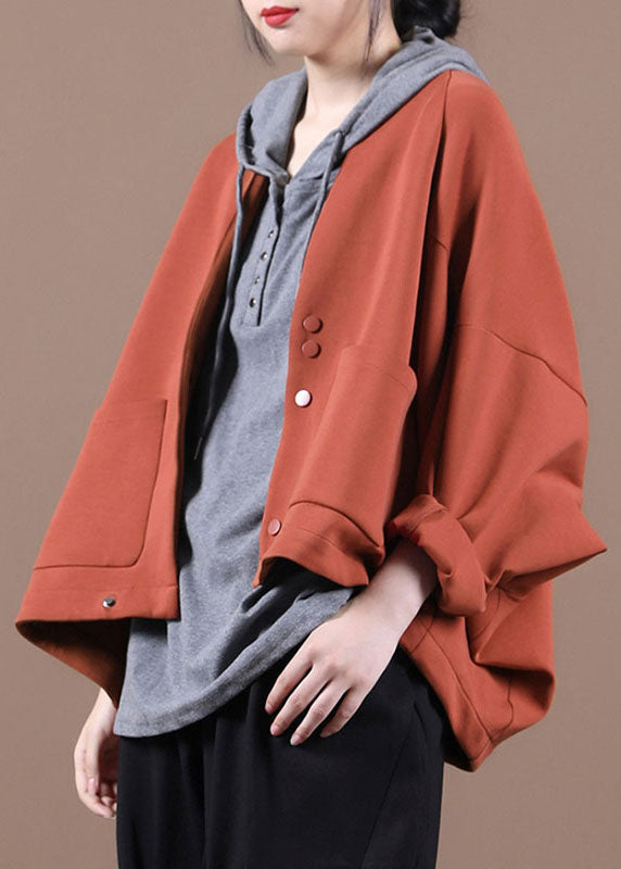 Brick Red Bat Wing Sleeve Pockets Button Fall Top
