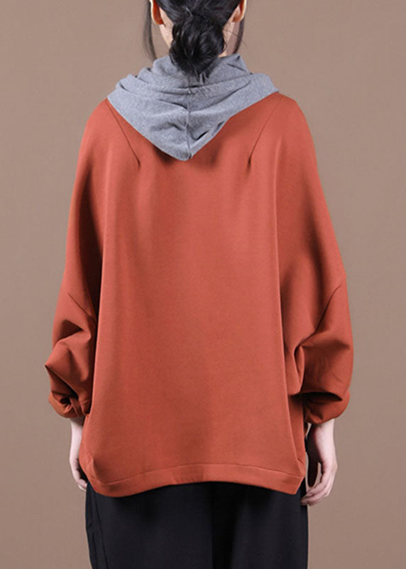 Brick Red Bat Wing Sleeve Pockets Button Fall Top
