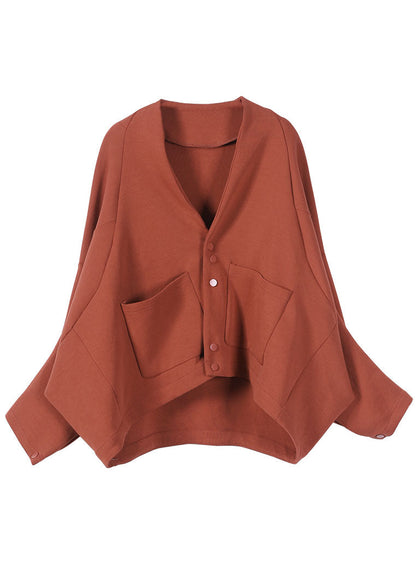 Brick Red Bat Wing Sleeve Pockets Button Fall Top