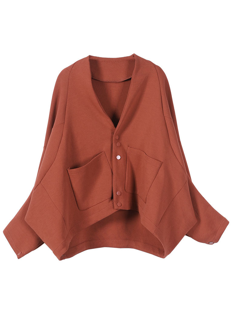 Brick Red Bat Wing Sleeve Pockets Button Fall Top