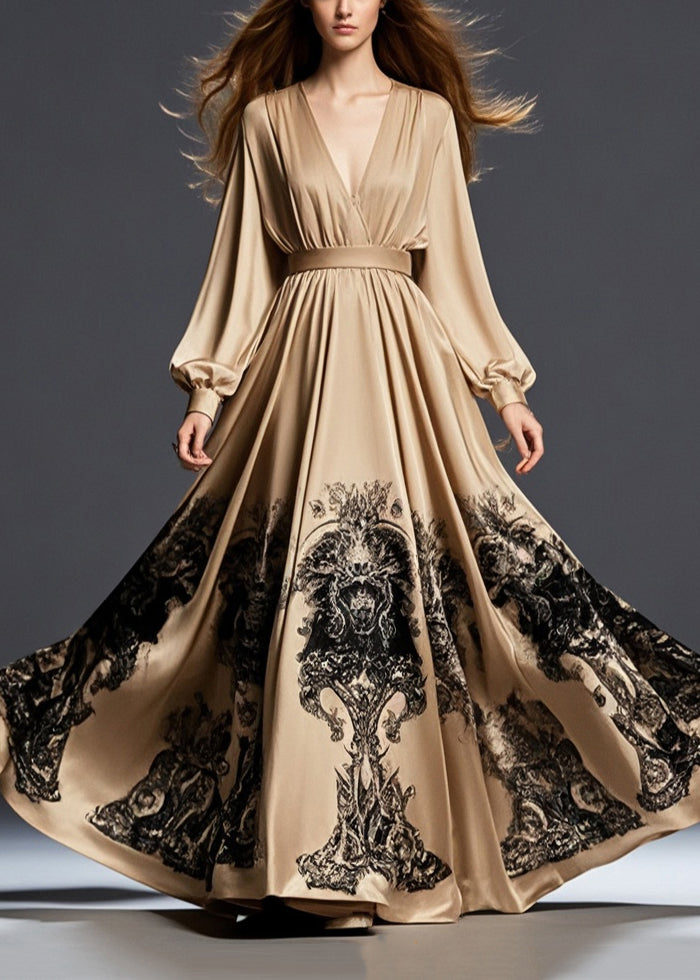 Brown Cinched Print Exra Large Hem Silk Long Dress Spring
