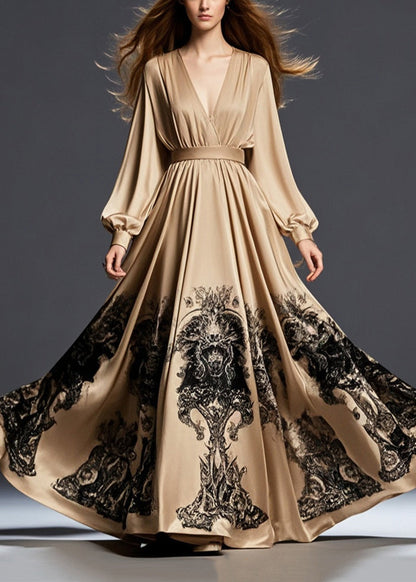 Brown Cinched Print Exra Large Hem Silk Long Dress Spring