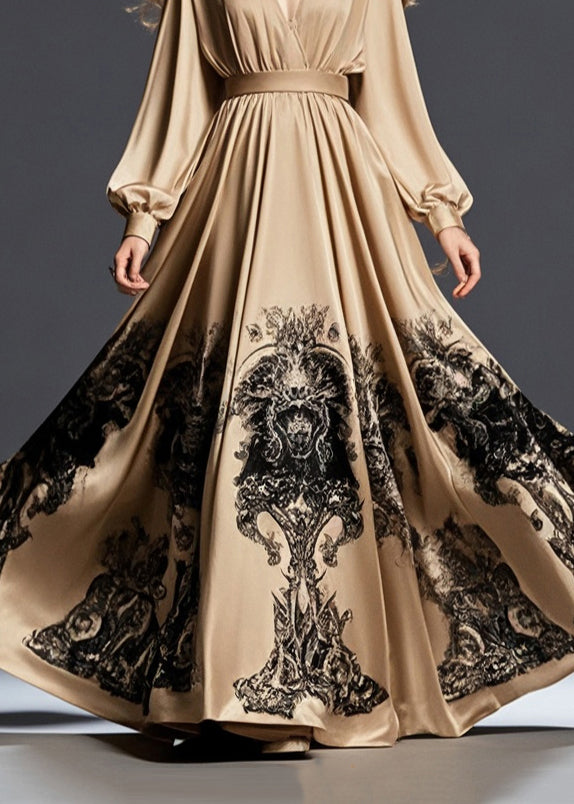 Brown Cinched Print Exra Large Hem Silk Long Dress Spring