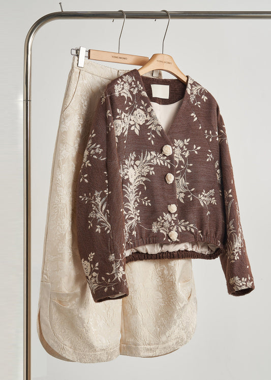 Brown Embroidered Decorated Cotton Jackets Spring
