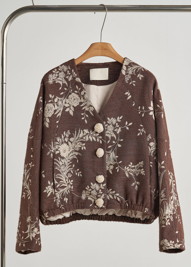 Brown Embroidered Decorated Cotton Jackets Spring