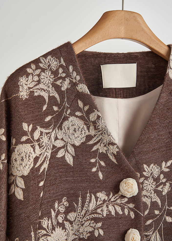 Brown Embroidered Decorated Cotton Jackets Spring