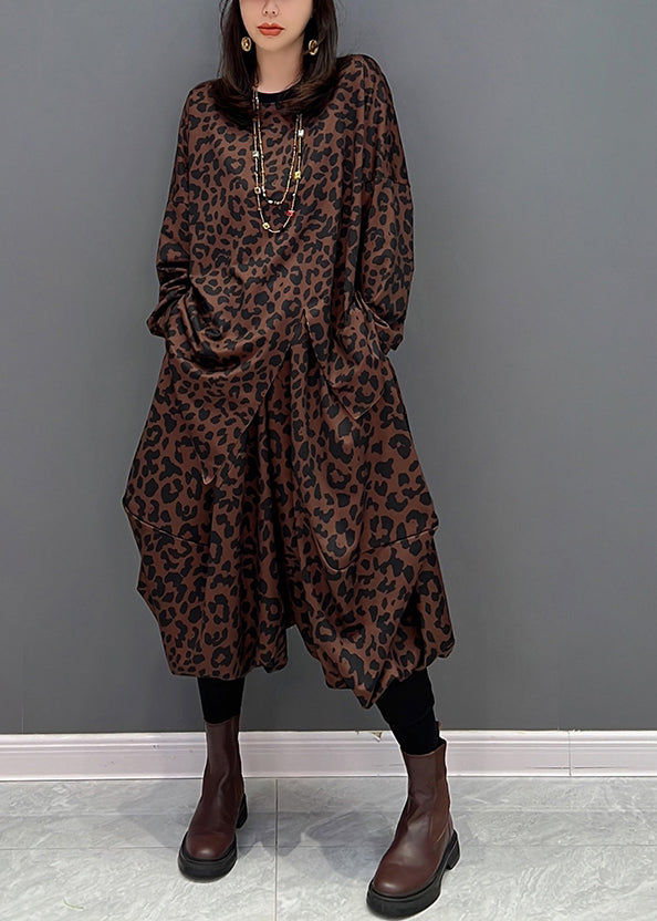 Brown O-neck Asymmetrical Print Top and Harem Pants Two Piece Set Fall