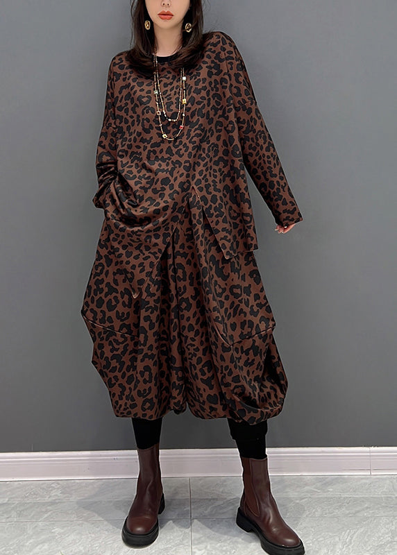 Brown O-neck Asymmetrical Print Top and Harem Pants Two Piece Set Fall