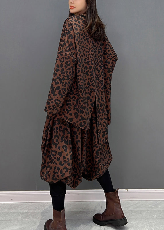 Brown O-neck Asymmetrical Print Top and Harem Pants Two Piece Set Fall