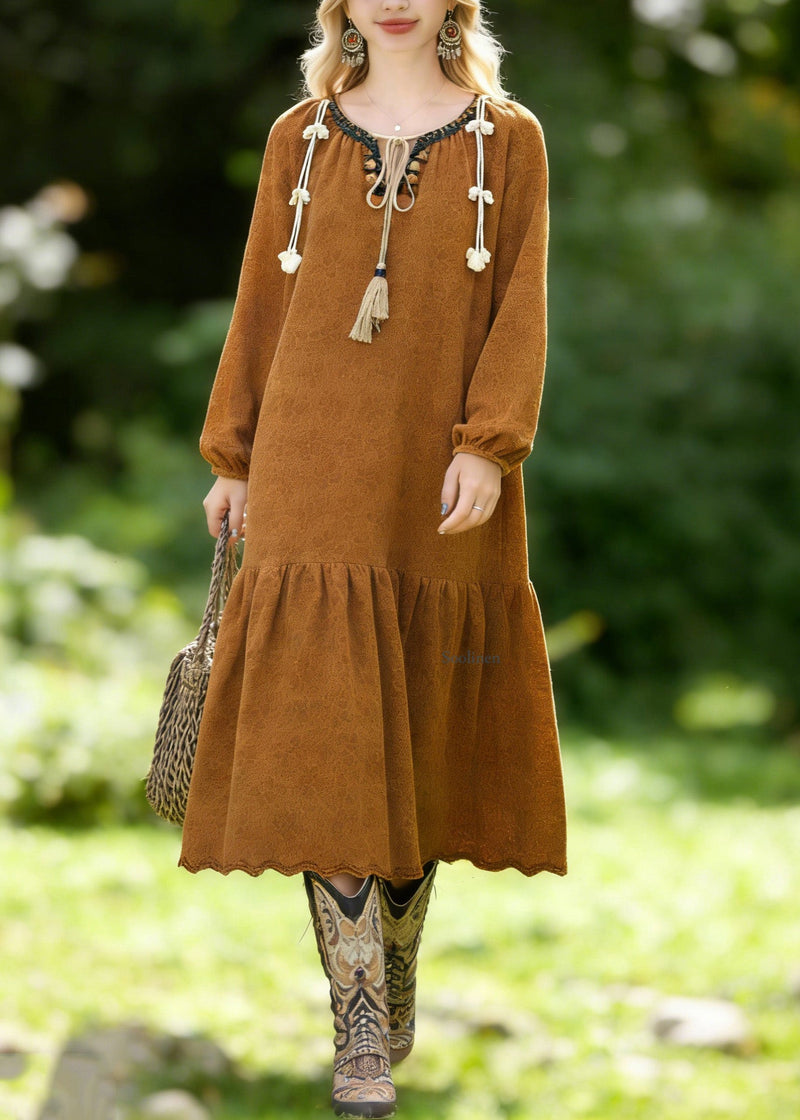 Brown O Neck Jacquard Lace Vacation Dresses Spring