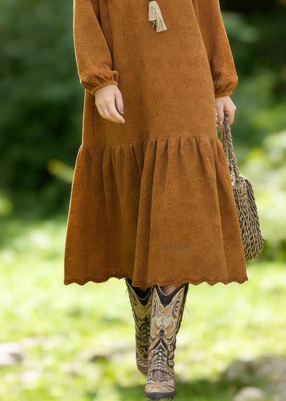 Brown O Neck Jacquard Lace Vacation Dresses Spring