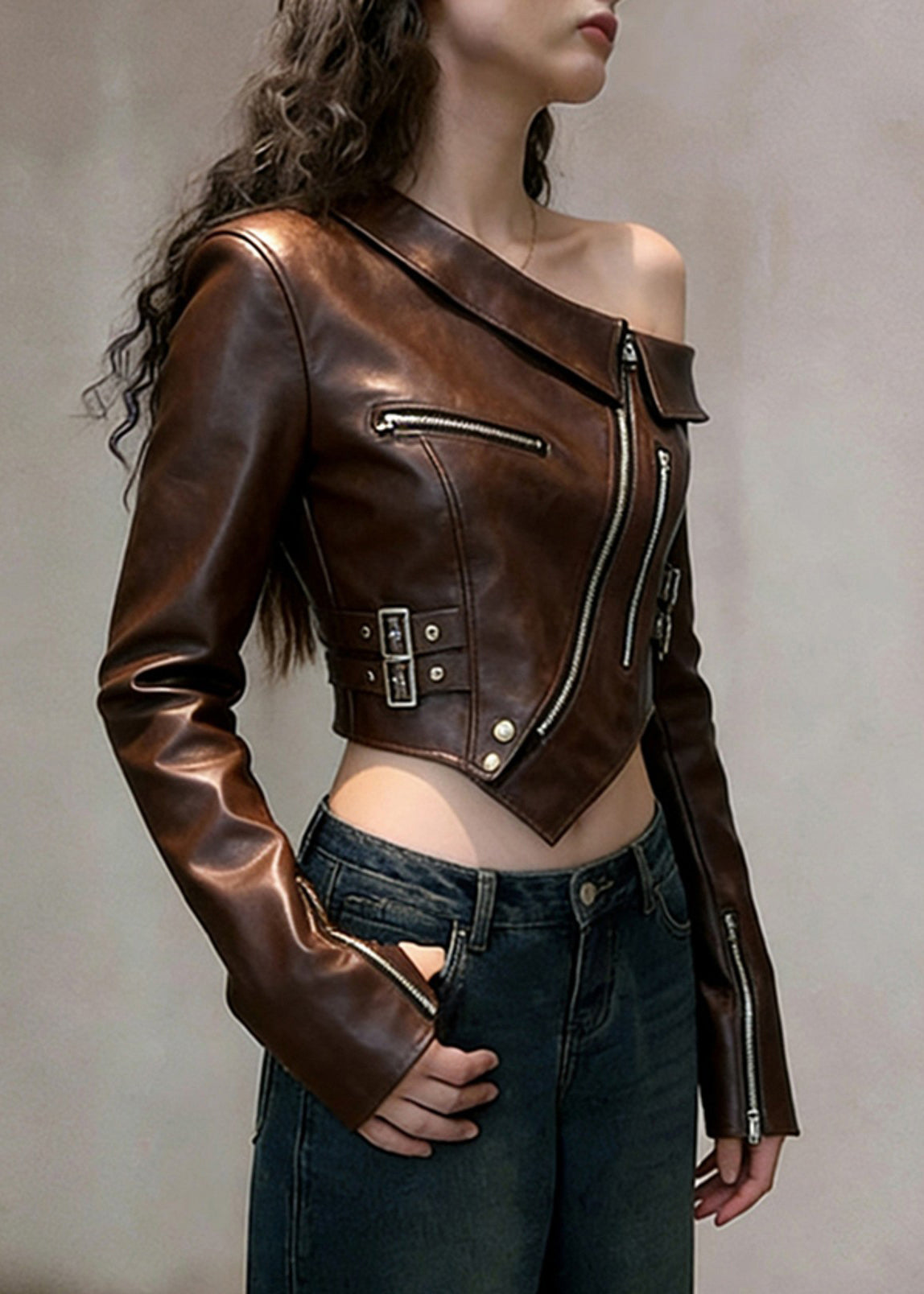 Brown One Shoulder Bare Midriff Faux Leather Coats Spring