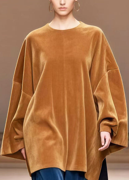 Brown Oversized Patchwork Corduroy Fake Two Piece Dresses Spring