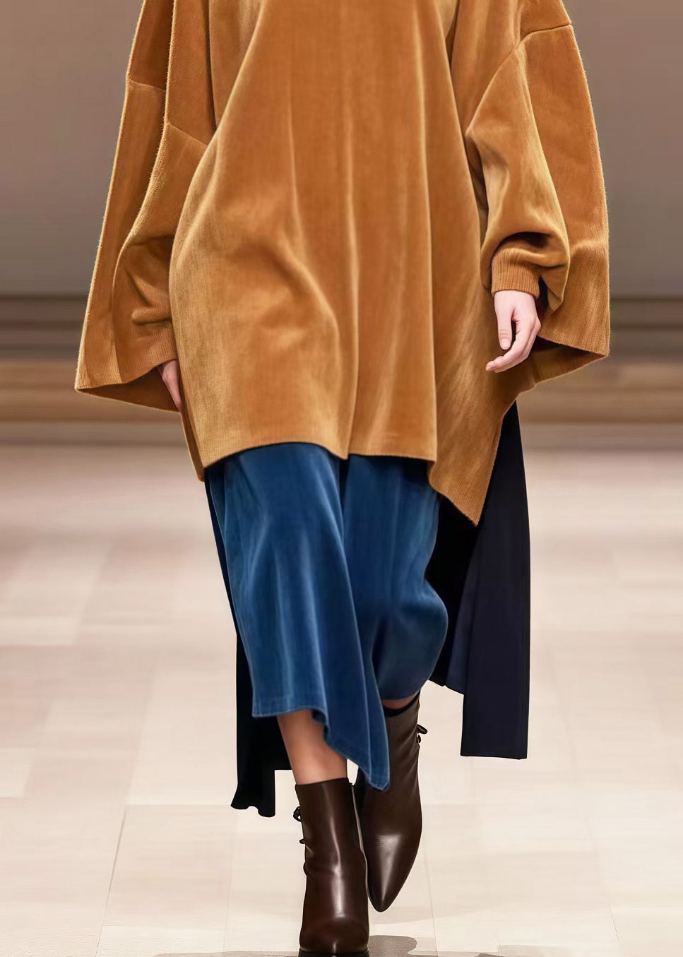 Brown Oversized Patchwork Corduroy Fake Two Piece Dresses Spring