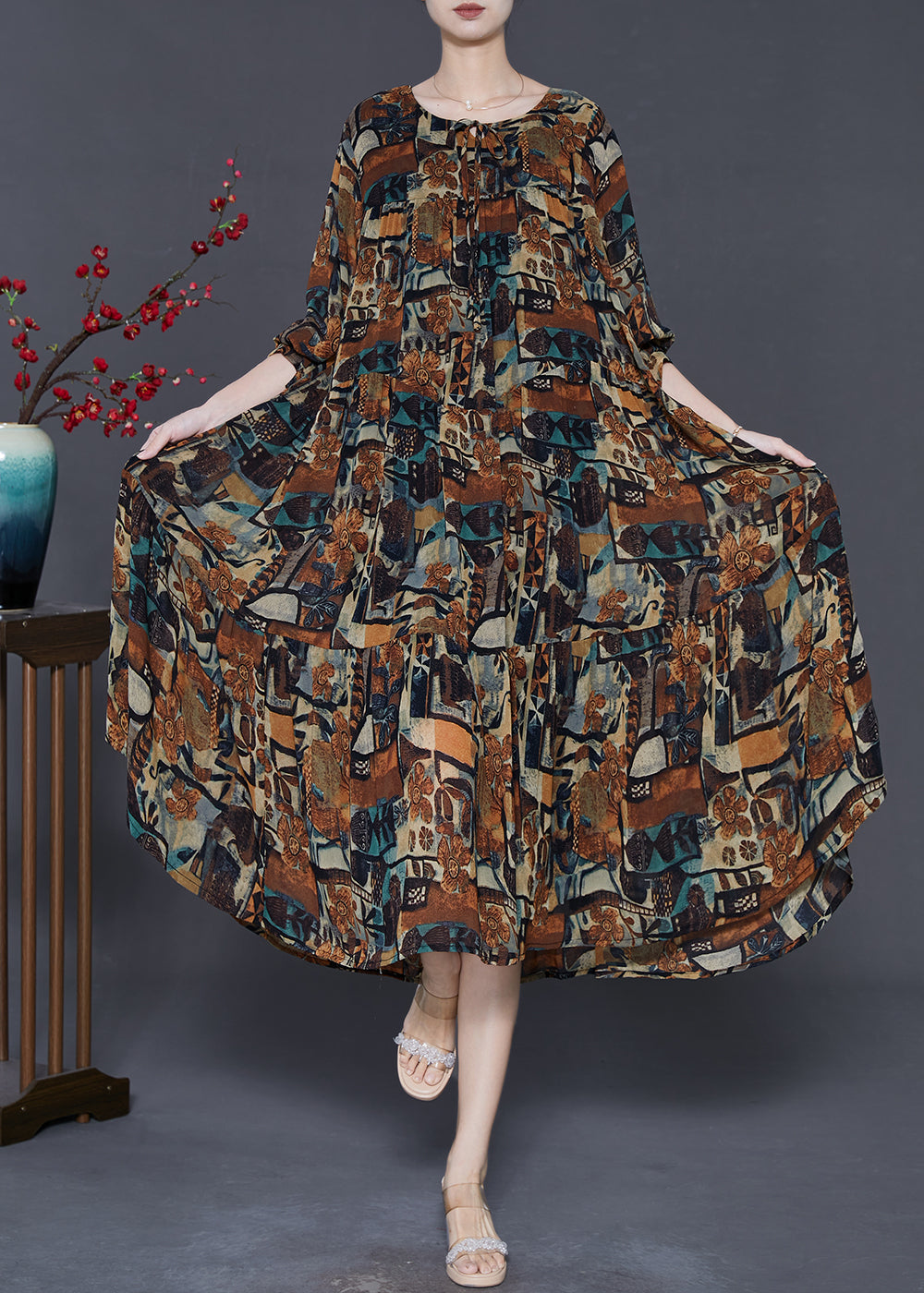 Brown Oversized Print Chiffon Vacation Dresses Spring