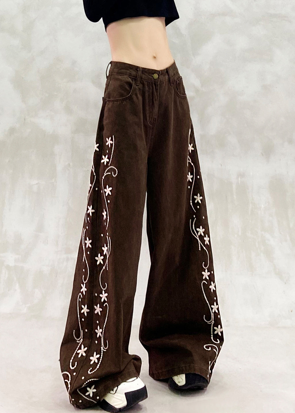 Brown Oversized Print Denim Wide Leg Pants Spring