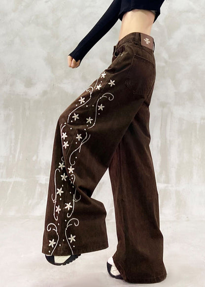 Brown Oversized Print Denim Wide Leg Pants Spring