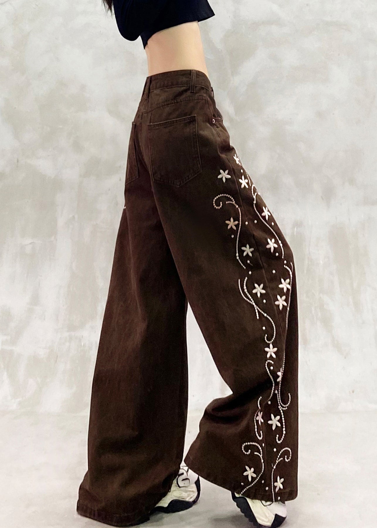 Brown Oversized Print Denim Wide Leg Pants Spring