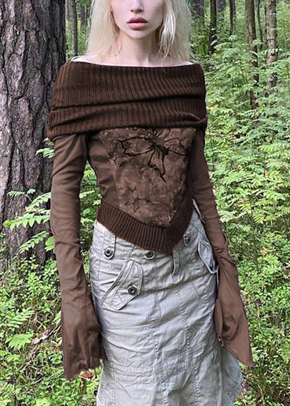 Boho Brown Print Knit Patchwork T Shirts Flare Sleeve