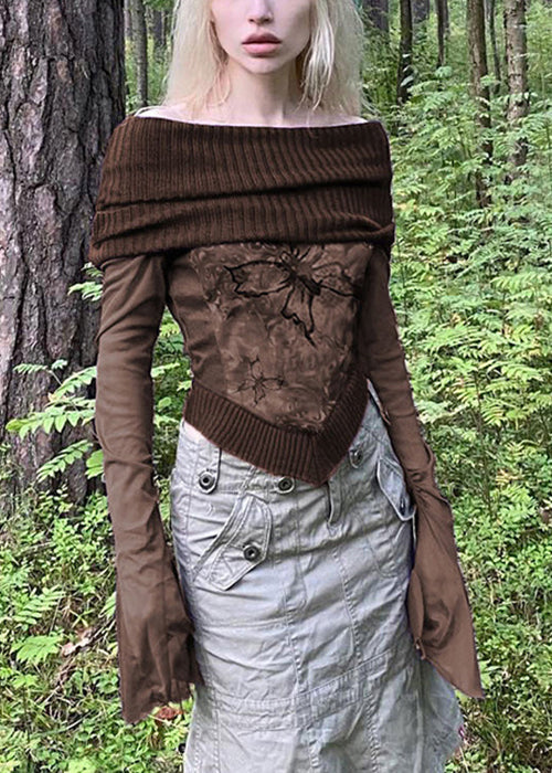 Brown Print Knit Patchwork T Shirts Flare Sleeve