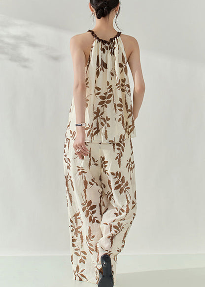 Brown Print Top and Wide Leg Pants Two Pieces Set Sleeveless
