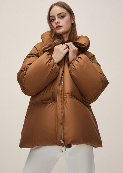Brown Stand Collar Zippered Thick Duck Down Puffer Jacket Winter