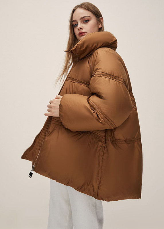 Brown Stand Collar Zippered Thick Duck Down Puffer Jacket Winter