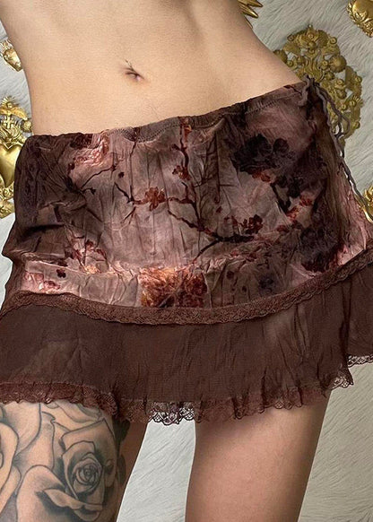 Brown Tie Dye Print Drawstring Tulle Patchwork Skirt Summer