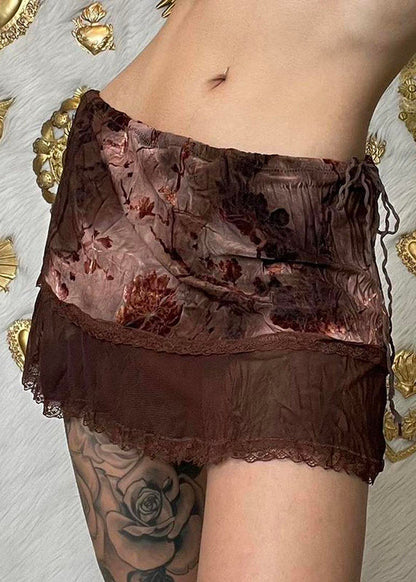 Brown Tie Dye Print Drawstring Tulle Patchwork Skirt Summer