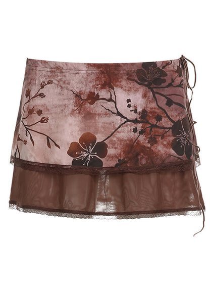 Brown Tie Dye Print Drawstring Tulle Patchwork Skirt Summer