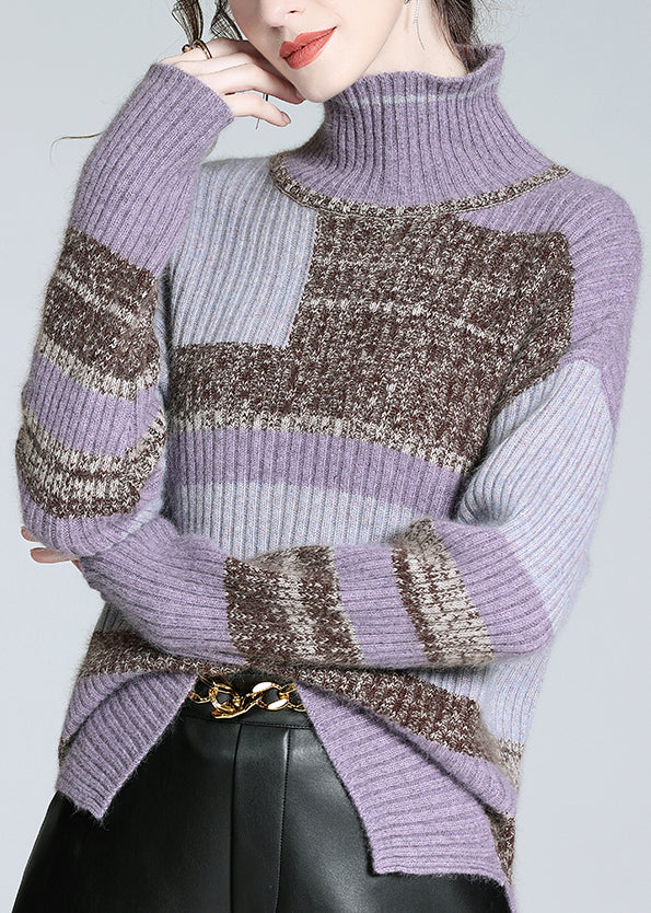 Brown Turtleneck Patchwork Cashmere Knit Sweaters Winter