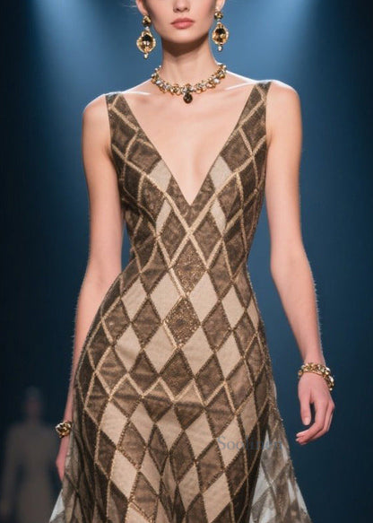 Brown V Neck Plaid Chiffon Dinner Dress Summer