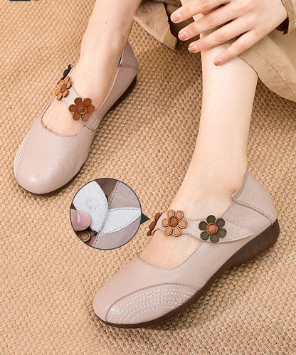 Buckle Strap Flat Shoes for Apricot Cowhide Leather