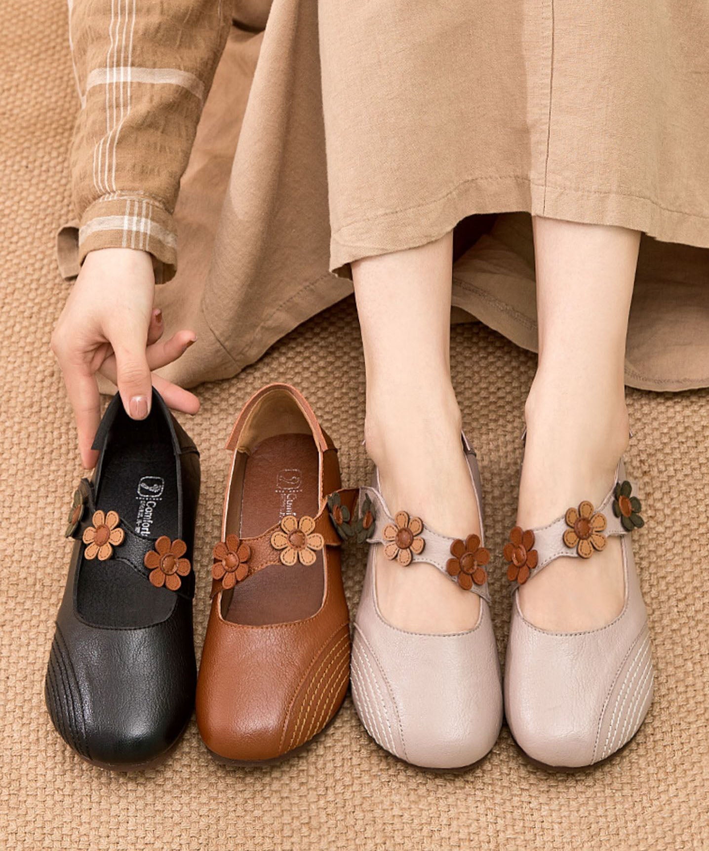 Buckle Strap Flat Shoes for Apricot Cowhide Leather