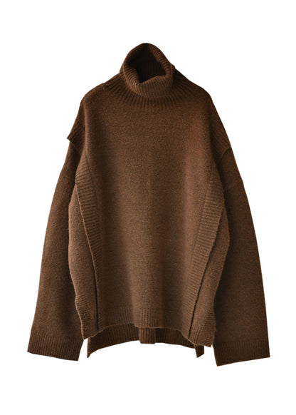 Camel Colour O-neck Side Open Low High Design Thick Cotton Knit Sweater Fall