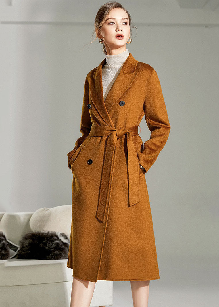 Caramel Peter Pan Collar Sashes Woolen Double Breasted Coat Winter