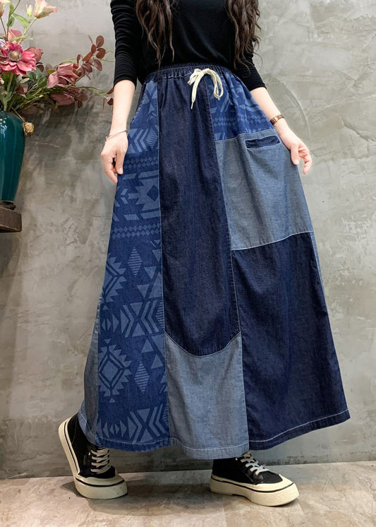 Navy Patchwork Elastic Waist Denim Skirts Spring