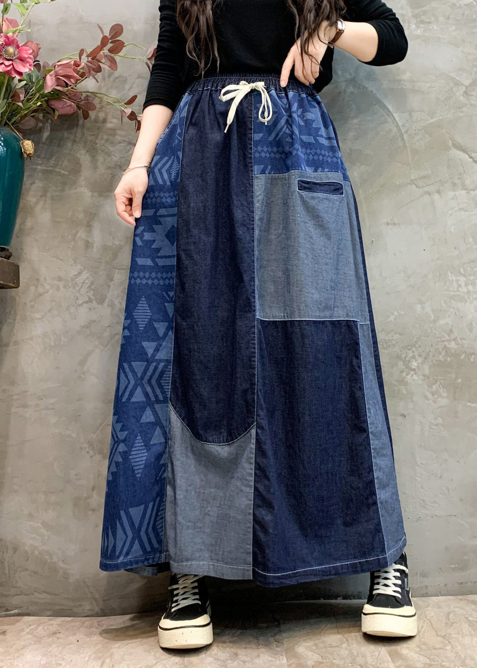 Navy Patchwork Elastic Waist Denim Skirts Spring