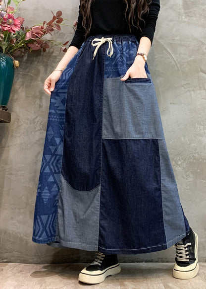 Navy Patchwork Elastic Waist Denim Skirts Spring