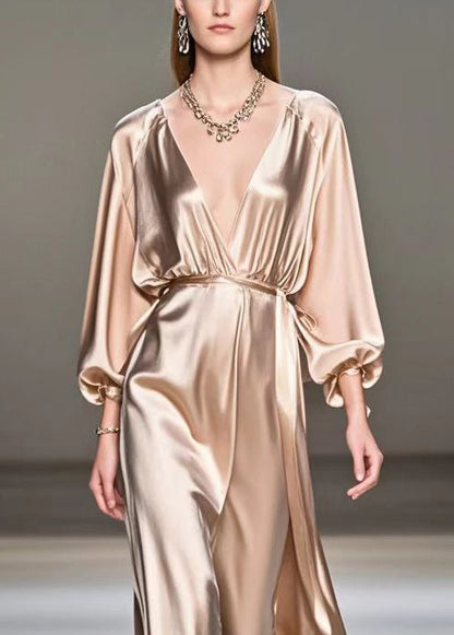 Champagne V Neck Ruffles Silk Long Dresses Spring