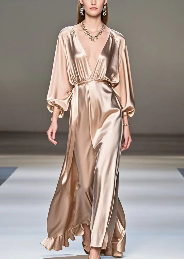 Champagne V Neck Ruffles Silk Long Dresses Spring