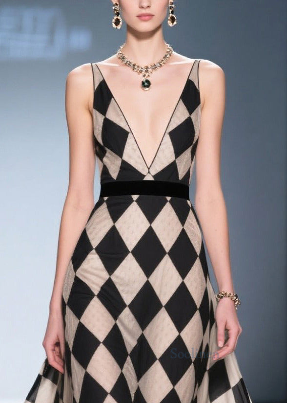 Chessboard Pattern Deep-v Neck Chiffon Long Dress Summer
