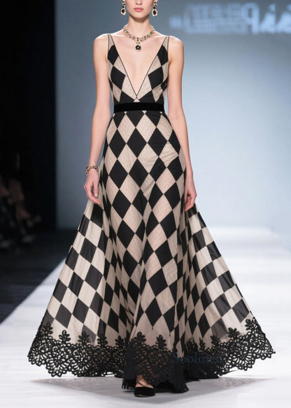 Chessboard Pattern Deep-v Neck Chiffon Long Dress Summer