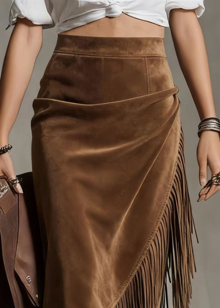 Chocolate Asymmetrical Tasseled High Waist Faux Suede Skirt Spring