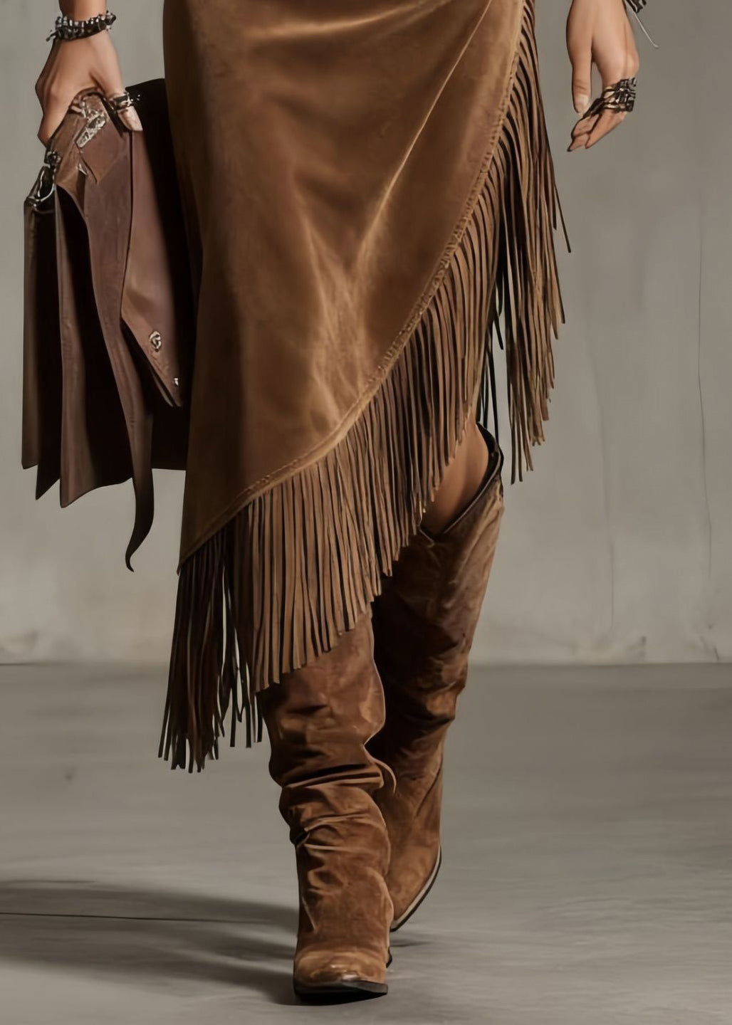 Chocolate Asymmetrical Tasseled High Waist Faux Suede Skirt Spring