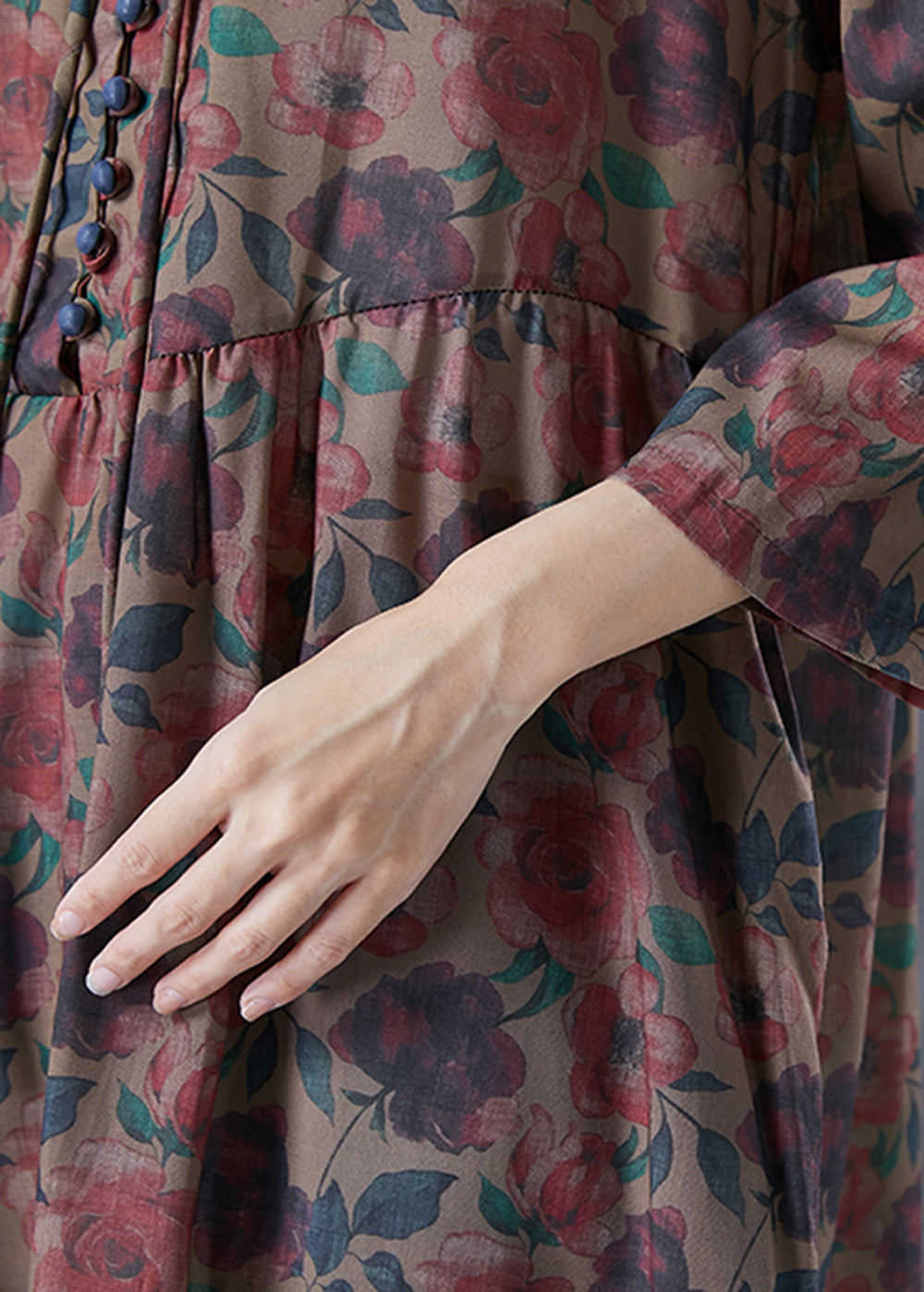 Chocolate Print Button Lace Up Linen Long Dress Bracelet Sleeve