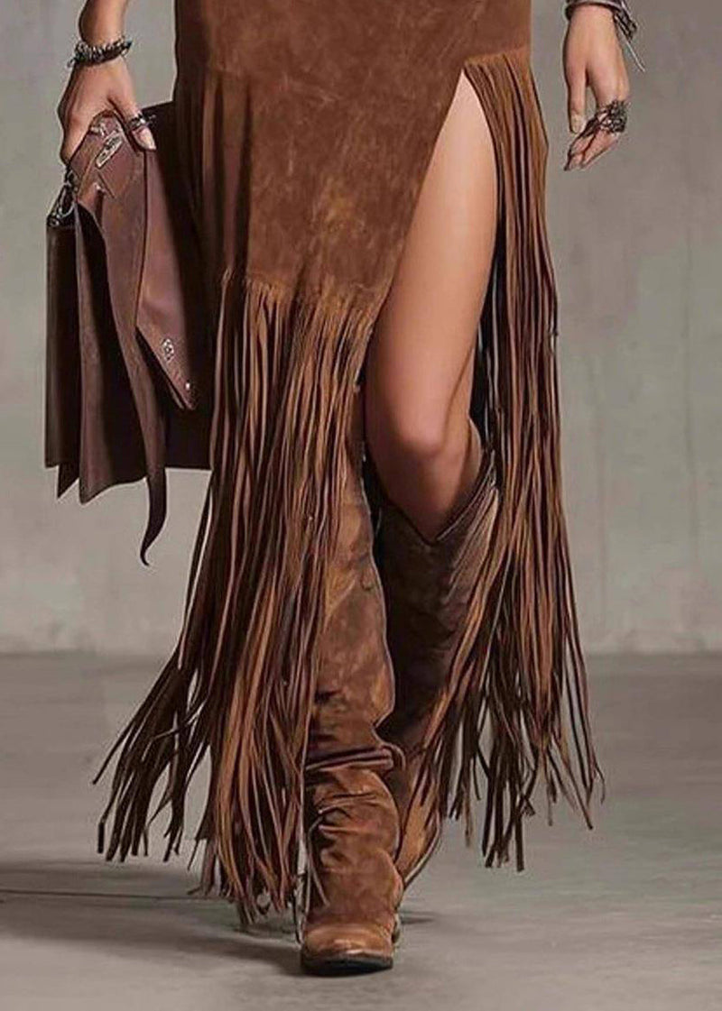Chocolate Tassel Patchwork Faux Suede Skirt Spring